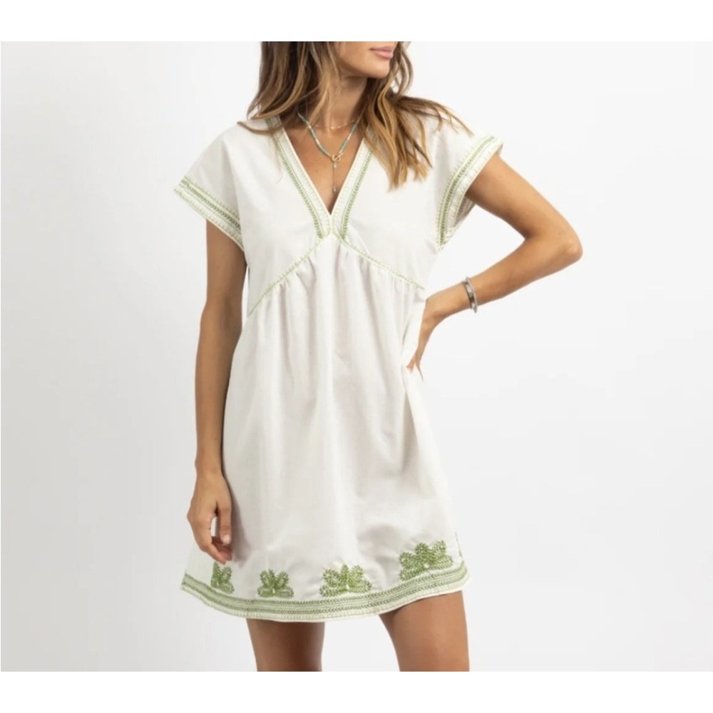 Zara White Embroidered‎ Dress Womens Extra Small XS Green Trim Boho Chic